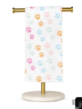 White Hand Towel with Multi-Color Paw Prints